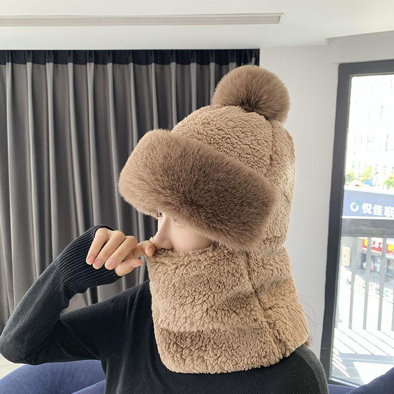 Women Winter Beanie Hats One-Piece Fleece Lined Knit Balaclavas Mask Set Skull Neck Circle Scarf Ski Snow Hat Cap with Pompom One Size