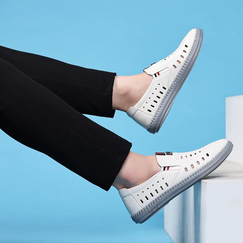 2025 summer popular men's sandals genuine leather business hollow punching men's shoes soft sole hole dad leather shoes white