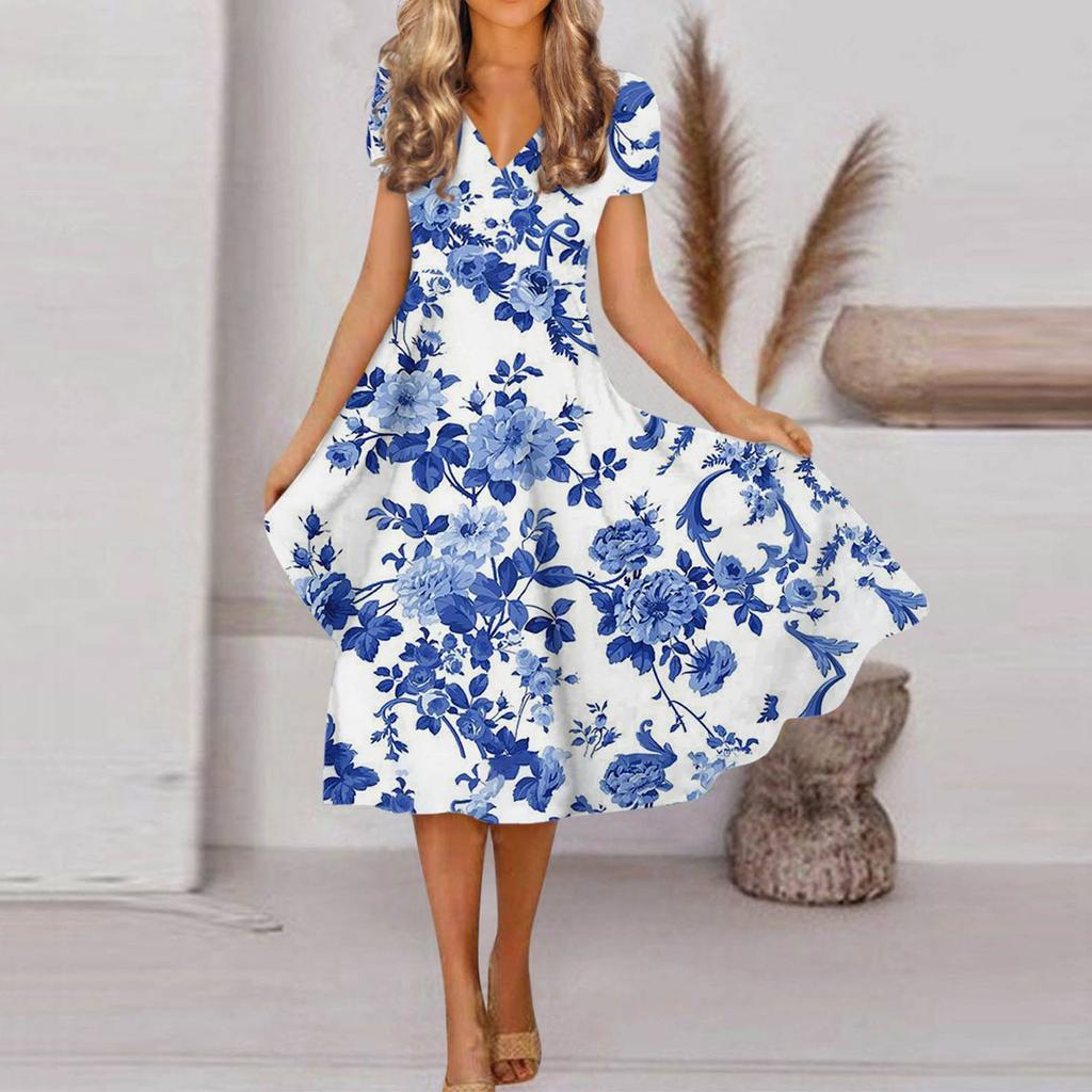 Damen-Frühlings- und Sommermode, V-Ausschnitt, kurzärmelig, Blumenmuster, lockerer Saum