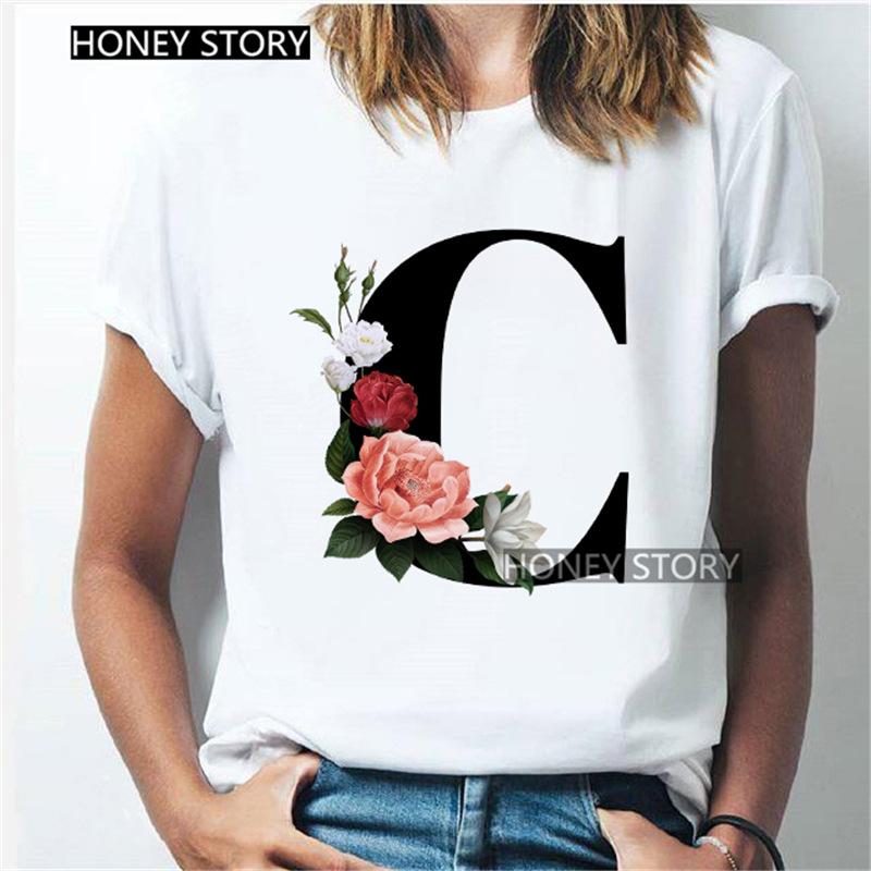 Kawaii English Alphabet Flowers Graphics Female T-Shirt 90S Summer Loose Short Sleeve Round Neck Female Tops Clothing