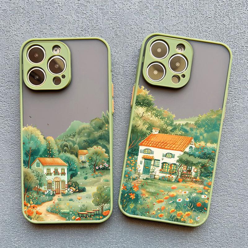 Fashion Garden Style Coffee Shop Phone Case For iPhone 11 12 Mini Pro Max 13 14 15 16 Pro Max X XS XR 7 8 Plus Shockproof Covers