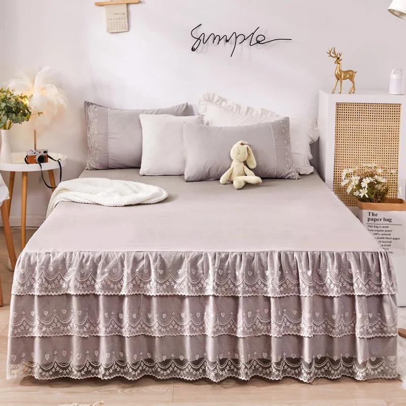 Classic Romantic Lace Layer Bed Skirt Set 3Pcs Bedding Set Ruffle Anti-slip Bedspread with Pillowcases Pure Color Bedroom Decor