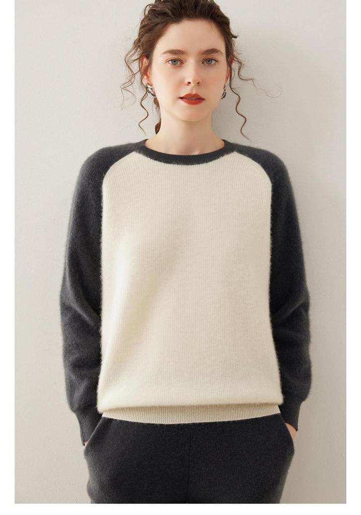 Women's Color Block Cashmere Sweater - Round Neck, Thick Knitwear for Autumn/Winter, Soft and Cozy Pullover
