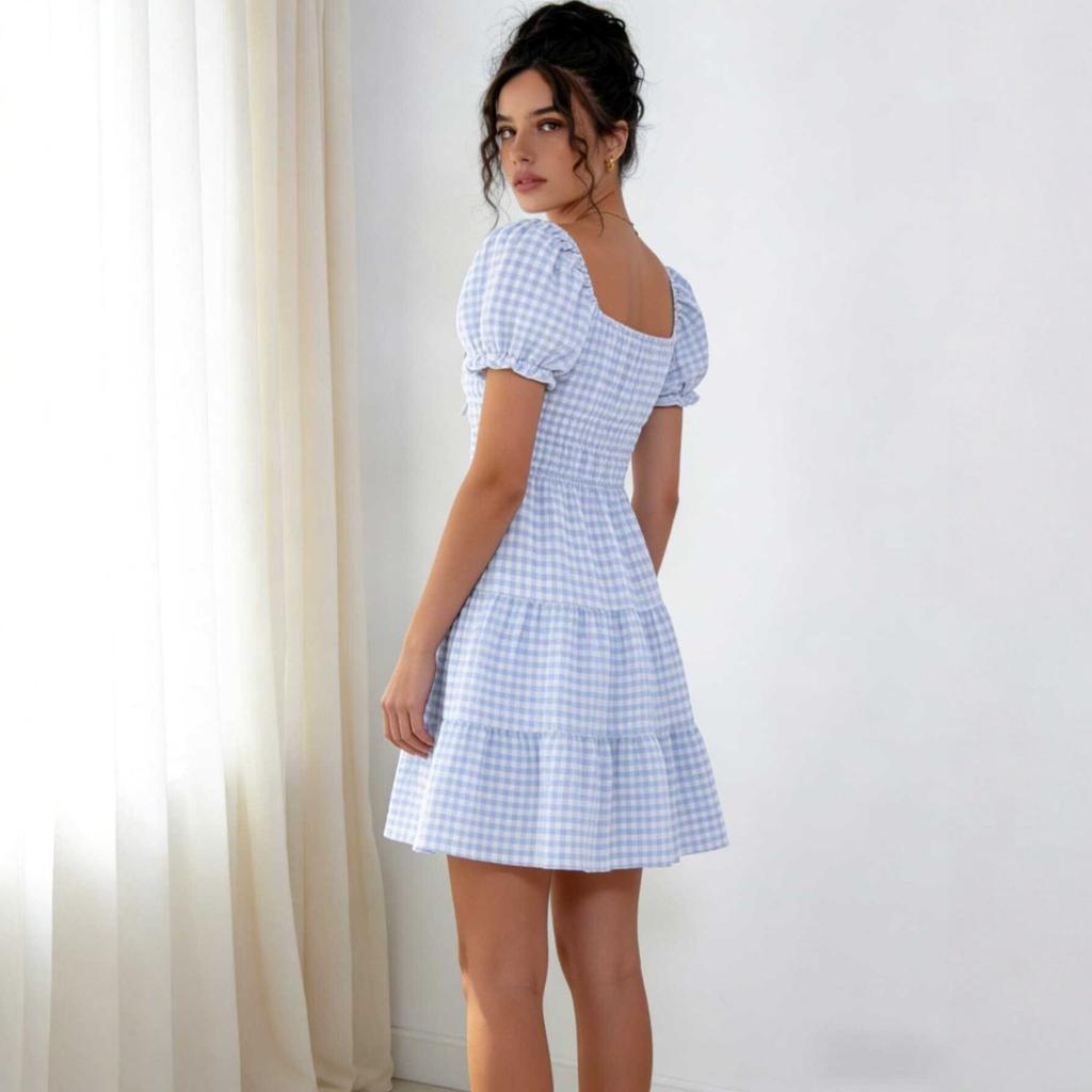Nuovo vestito scozzese francese da donna maniche a sbuffo vita gonna a trapezio fresco e dolce gonna corta abbigliamento estivo da donna