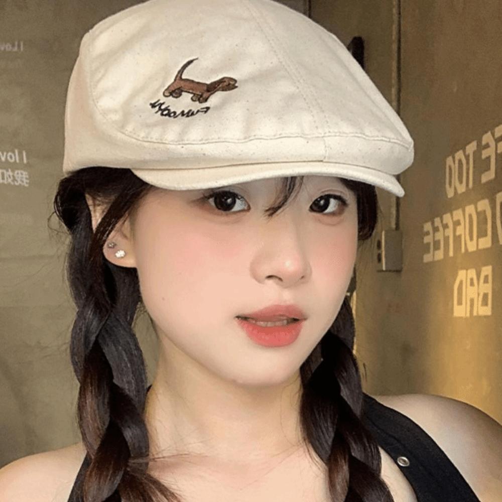 Japanese Style Cartoon Forward Hat Short Brim Painter Hat Puppy Embroidery Berets Cap Outdoor