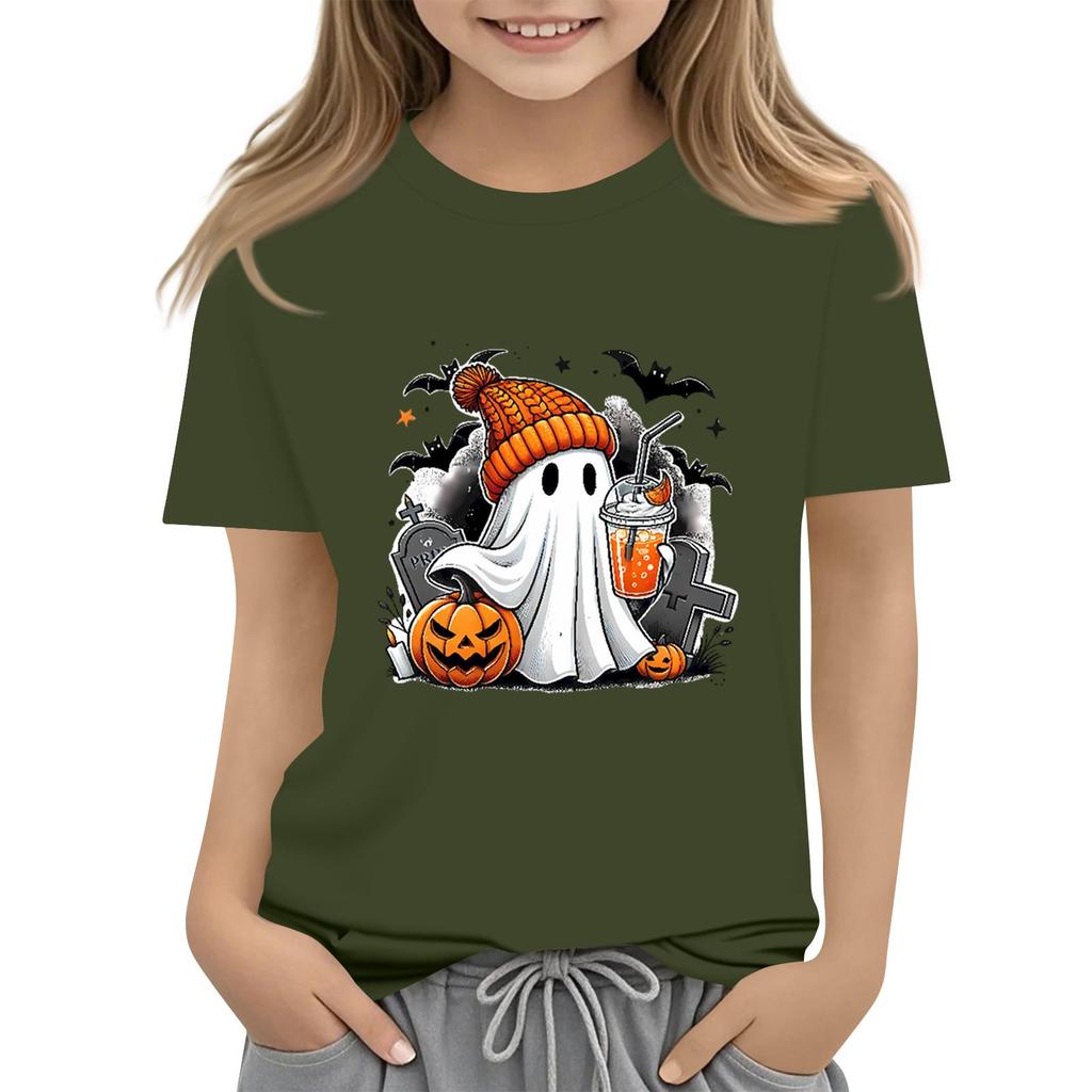 Kids' Halloween Printed Short Sleeve Neck T-Shirt, Loose Fit Top