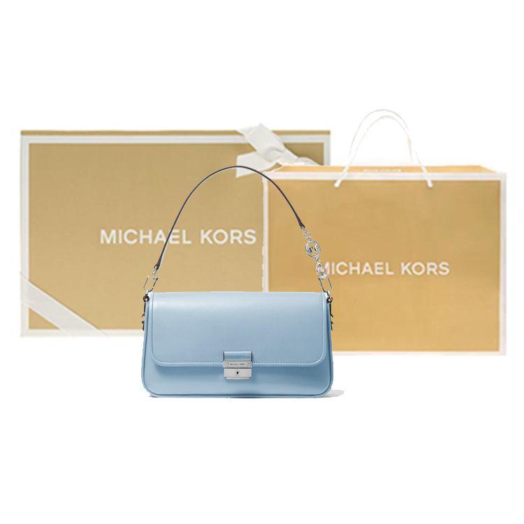 Michael Kors MK Bradshaw Solid Color Minimalist Flap Commuter Leather Shoulder Bag Women Shoulder Bag Blue 30S1S2BL1L-CHAMBRAY