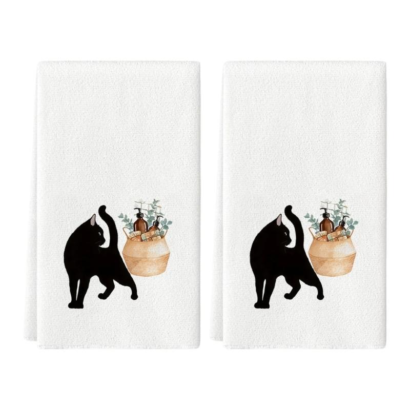 Set of 2 Decorsative Cats Themed Kitchen Towels Quick Drying Dishcloths Hand Towel For Countertop Decors Practical Use