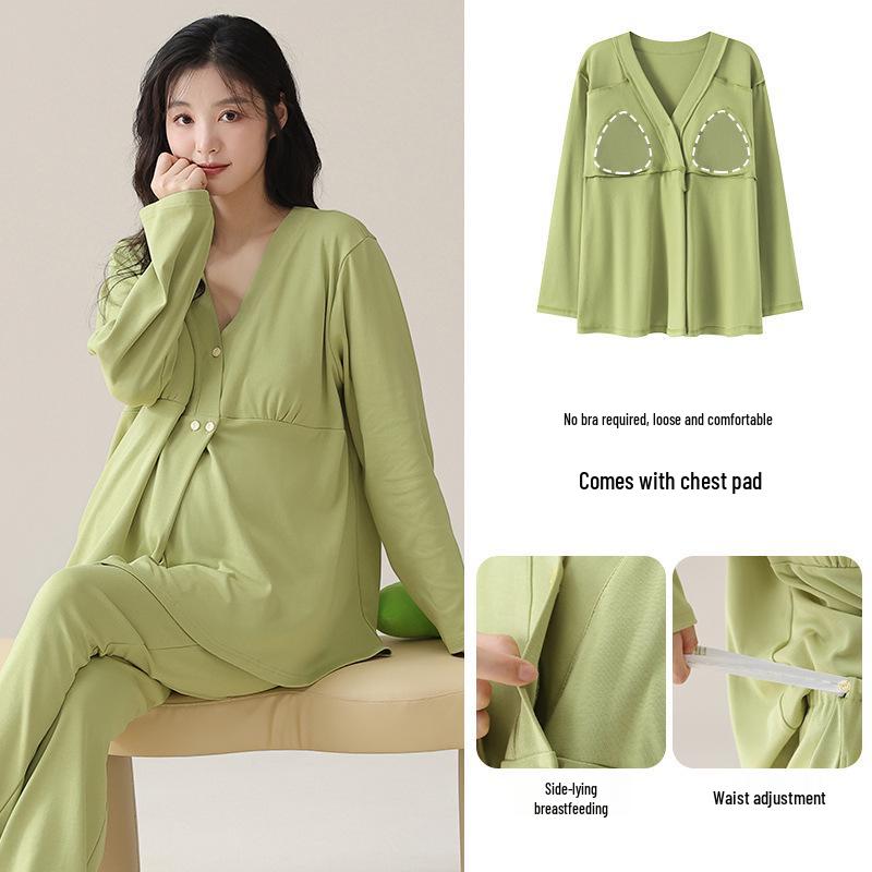 Autumn Pure Cotton Maternity Pajamas with Breast Pads - Perfect for Postpartum and Breastfeeding