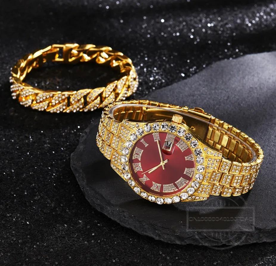 1/2pc Watch Bracelet Hip Hop Stainless Steel Gold Color Calendar Watch for Men Iced Out Paved Rhinestones Men Watch Reloj Hombre