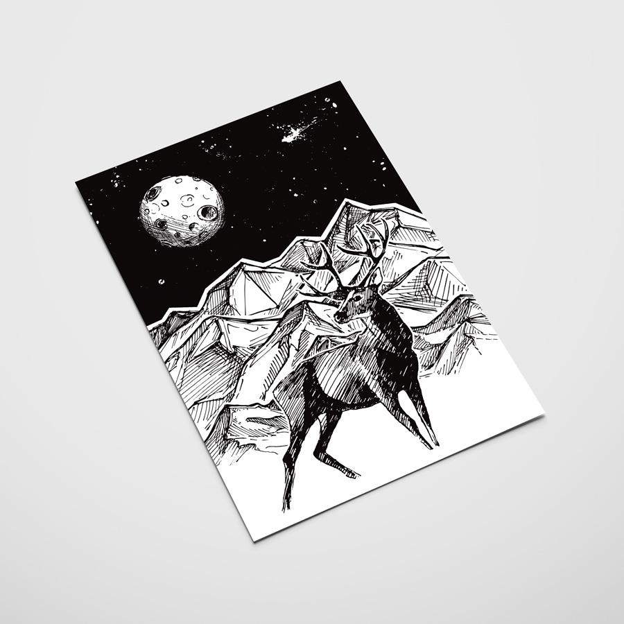 Affiche cerf nuit montagnes illustration