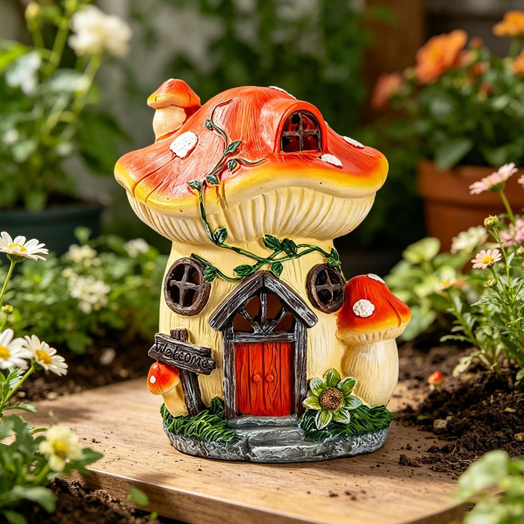 Solar Powered Mushroom House Statue Light IP54 Waterproof Garden Decor Ornament Lawn Decorative Light for Mom/Girlfriend
