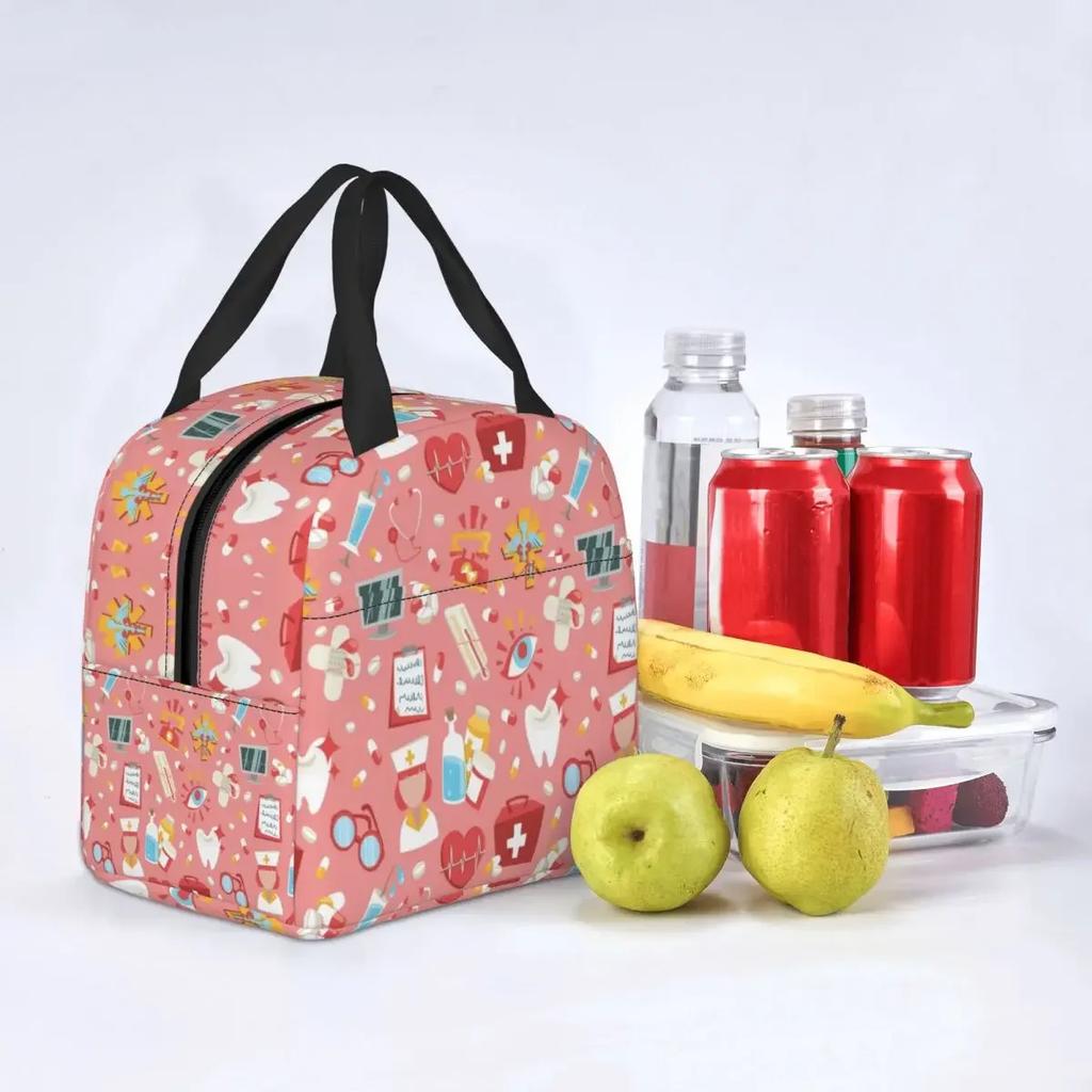 Nurse Tool Pattern Insulated Lunch Tote Bag for Women Nursing Resuable Thermal Cooler Food Lunch Box Work School Travel