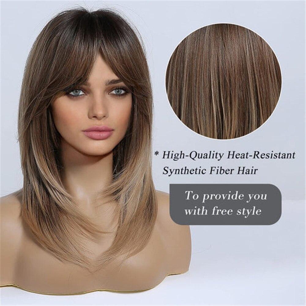 ALAN EATON Medium Length Brown Layered Synthetic Wig Ombre Straight Wigs with Bangs for Women Daily Use Soft Heat Resistant Hair