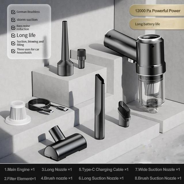 

Потужний бездротовий автомобільний пилосос 2-в-1 на 12000 Па. Міні-портативний пилосос і фен. Очищення клавіатури в автомобілі. China чорний