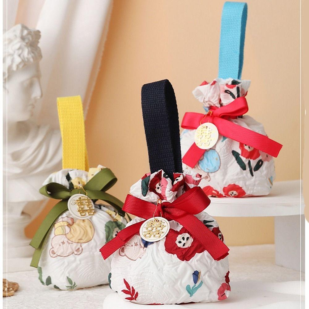 Korean Style New Year Drawstring Bag Bowknot Red Handbag Wedding Candy Bag  Wedding
