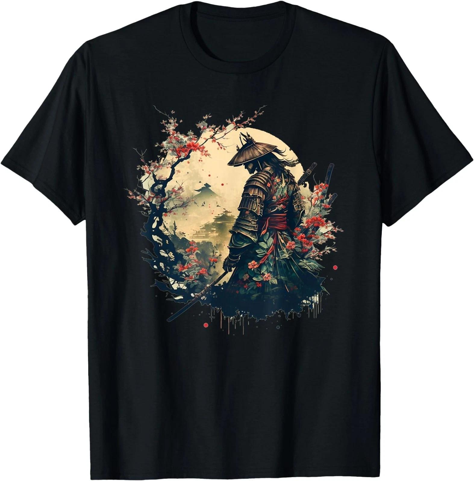 Samurai Warrior with Katana Mount Fuji Cherry Blossom Art T-Shirt S