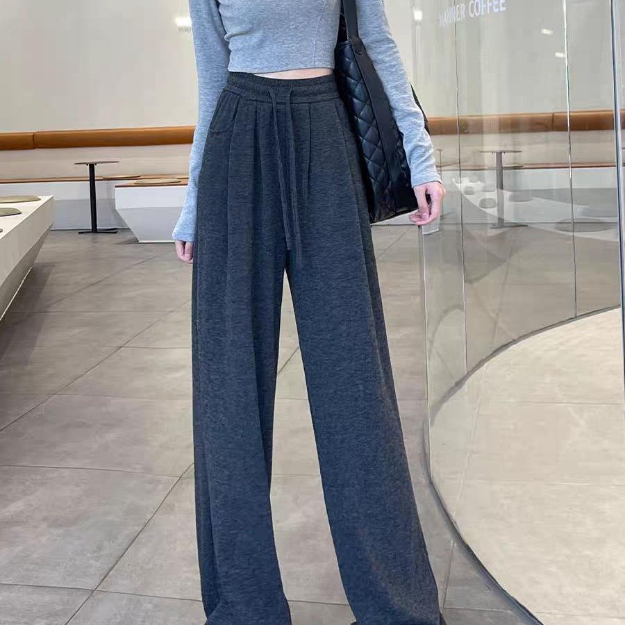 Petite Women's High-Waisted Velvet Pants: Thick, Glutinous Rice Texture, Casual, Slimming, Loose, Straight & Wide Leg, Floor-Length for Autumn/Winter.
