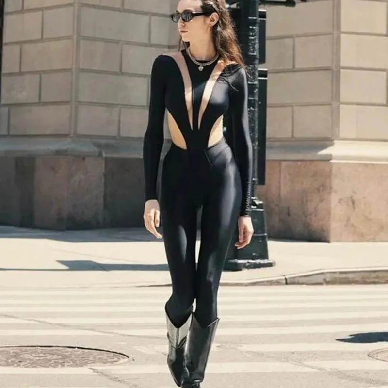 Halloween Game Cosplay Jumpsuit Sexy Mesh Hollow Patchwork Bodysuit Women O-Neck Long Sleeve Showing Dance Catsuit Rave Outfit