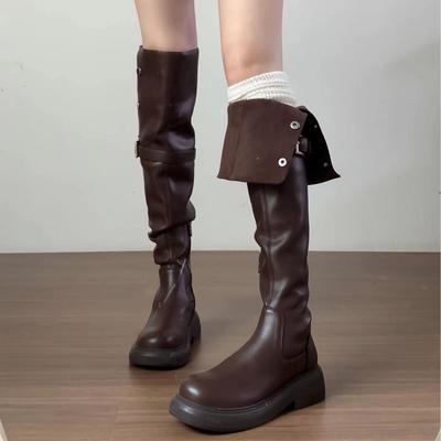 Deux porter des bottes hautes polyvalentes pour femmes bottes rétro en cuir talon épais plateforme bottes de cyclisme bottes longues à la mode