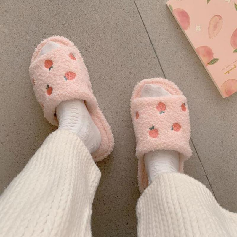 Cotton Home Indoor Slippers Slides Women 'S Shoes Autumn Winter Cute Love Heart Plush Fur Fulffy Slippers Non -Slip House Slippers