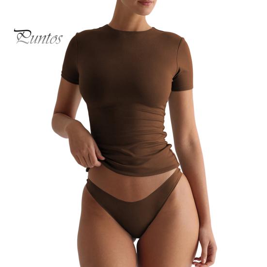 

Женская летняя базовая футболка с круглым вырезом и короткими рукавами, облегающая однотонная эластичная футболка, уличная одежда S кофейный