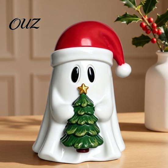 Artistic Desktop Atmosphere Decor Christmas Ghost Resin Figurine, Cute with Santa Hat Holding Gift Box Decorative Pieces for Parties & Tree,