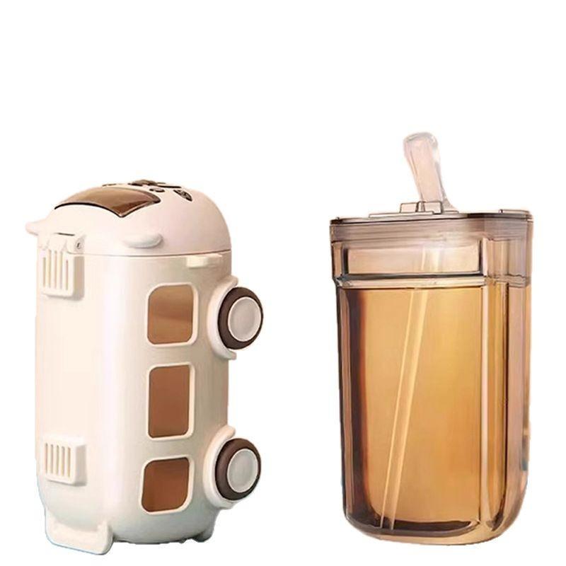 Bus Straw Water Bottle With Strap,Portable Cute Bear Car Water Bottles with Movable Wheels, Leakproof Bear Drinking Jug