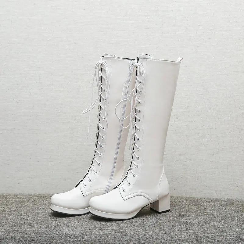 Woman Lovely Sweet Lace Up Purple Pink White Fashion Women'S High Knee Boots Winter Shoes Lolita Shoes Girls Boots