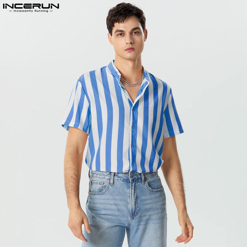 INCERUN Herren Sommer Reverskragen Kurzarm Gestreifte T-Shirts Knöpfbare Hemden Tops