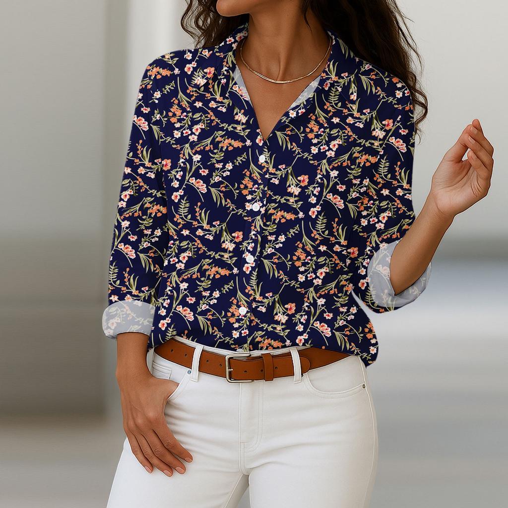 Women's Shirt With Floral Print Buttons, Long Sleeved Casual Regular Shirt  Blouses Casual Plus Size Basic Tops