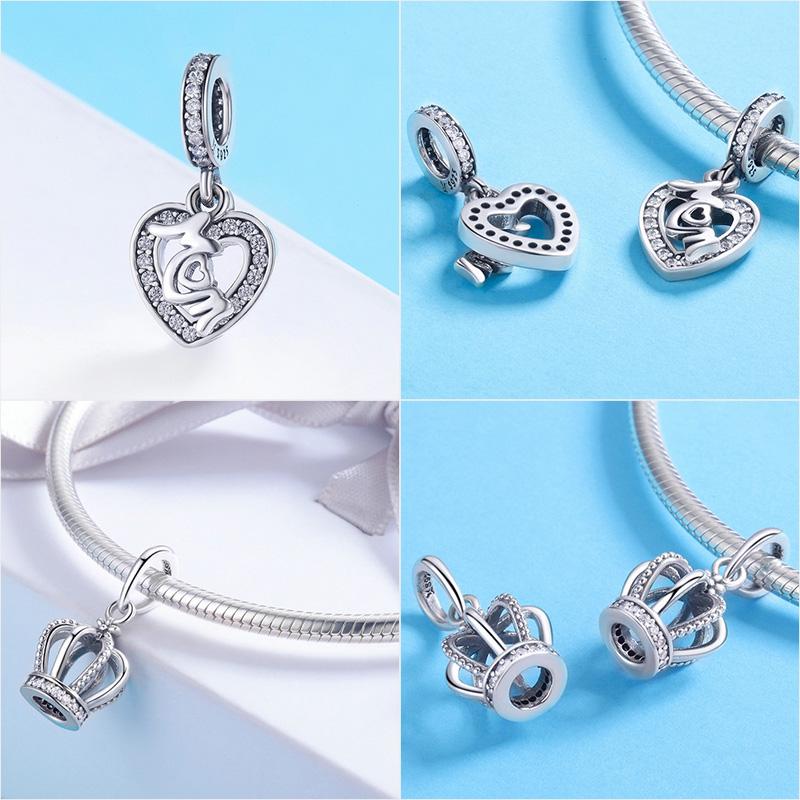 925 Sterling Silver Princess Crown Charms Heart Love Lock Feather Clear CZ Pendant Beads Fit Silver 925 Bracelet Jewelry Making
