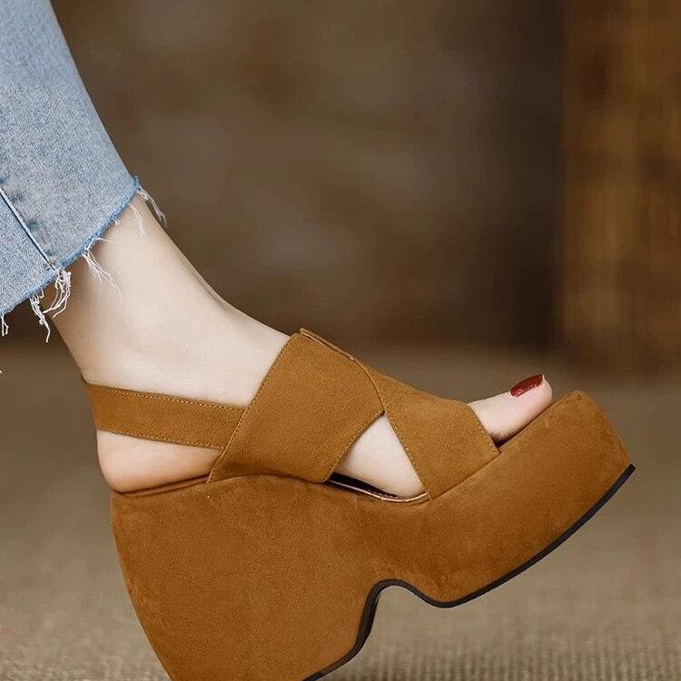 Fashion 2025 Summer Black Platform Sandals Nubuck Real Leather Shoes Woman Increasing Height High Heels Clogs Wedge Espadrilles Genuine