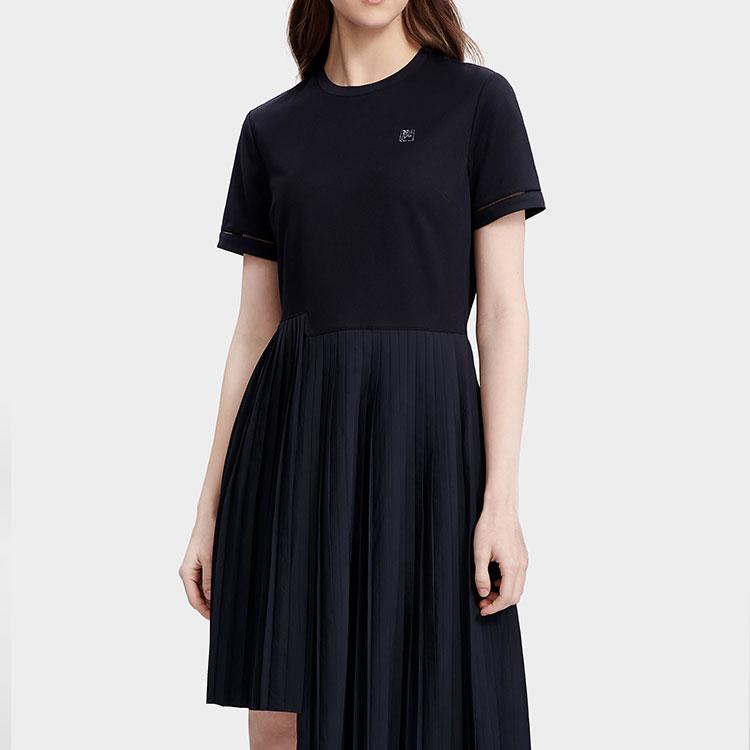 Fila Classic Business Pleated Irregular Hem Round Neck Short Sleeve Dress Women Dresses Legendary-Blue F11W321309FNV