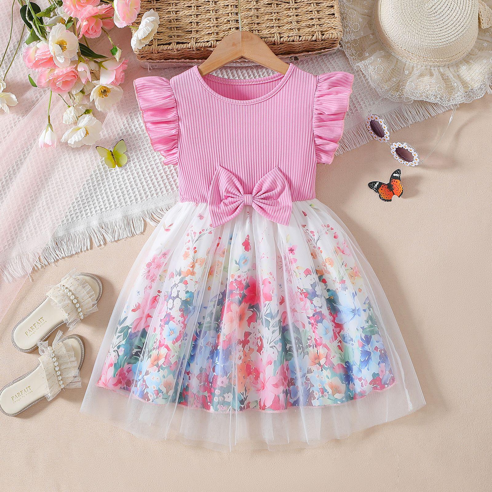 

Летнее платье принцессы из сетки с короткими рукавами и бантом на талии для девочек 130cm (7-8 years) розовый