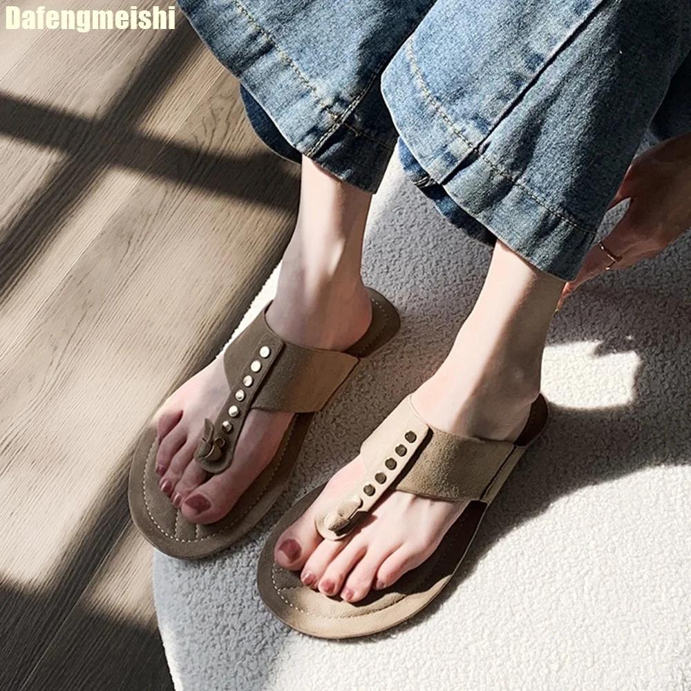 2025 Spring Summer New British Style Flip Flops Women Rivet Casual Flat Half-Slip French Sandals Slip On Flats Slides