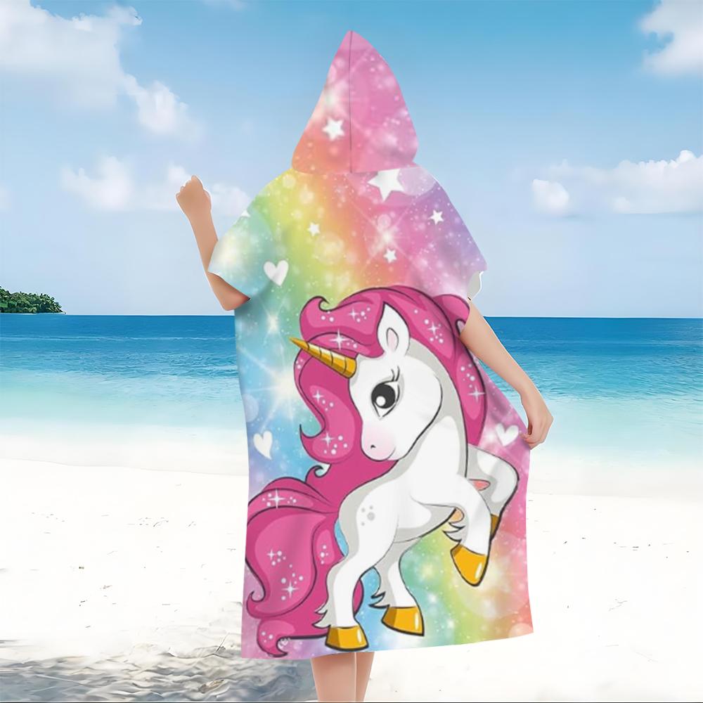 Hooded Bathrobe Unicorn Print Microfiber Quick Dry Absorbent Beach Robe Changing Robe Swim Cover Up for Kids Adults Swimming