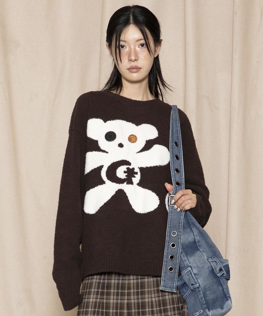 GLACK Gnt073 Button Bear Boucle Pullover Knit (Brown)