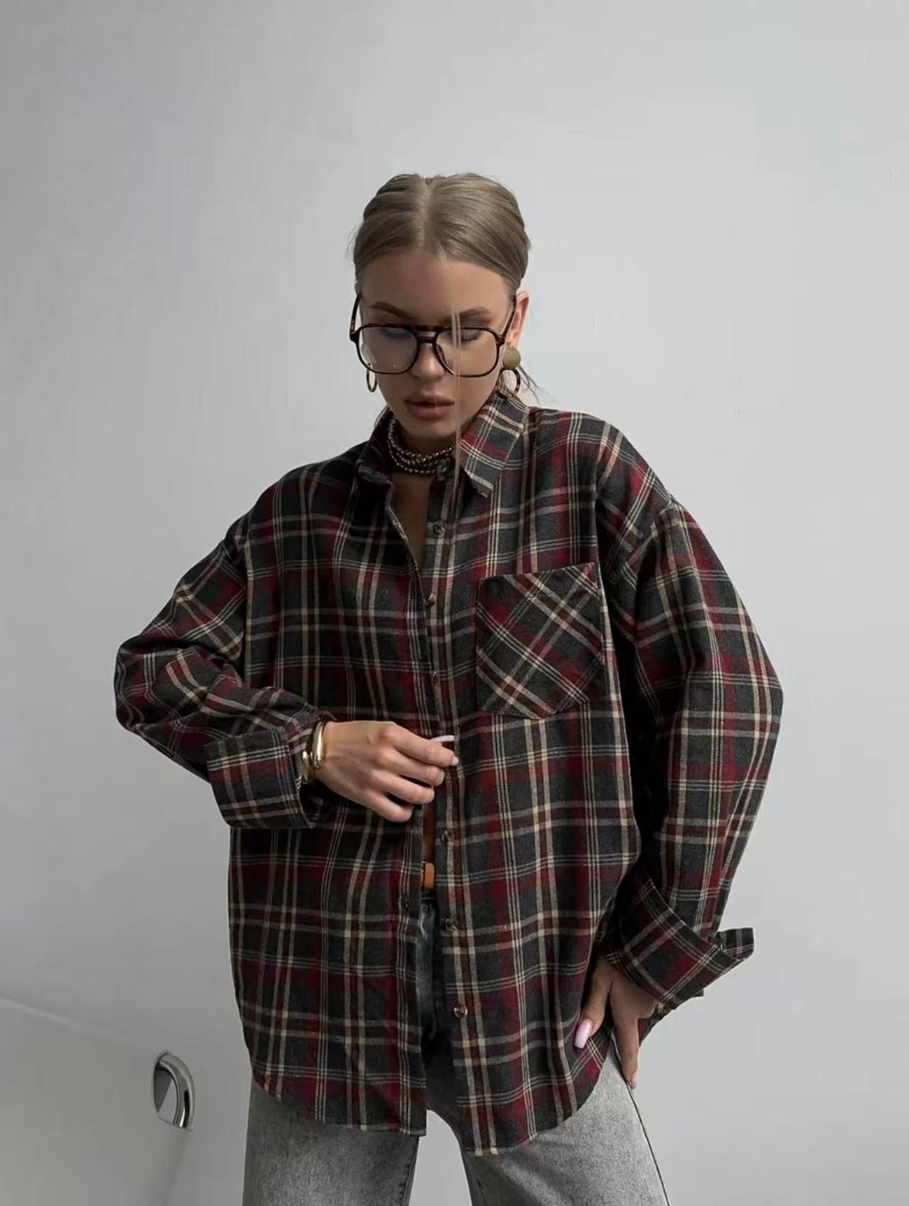 

Женская рубашка свободного кроя с длинным рукавом и отложным воротником в клетку ретро 2025 XL вино красного