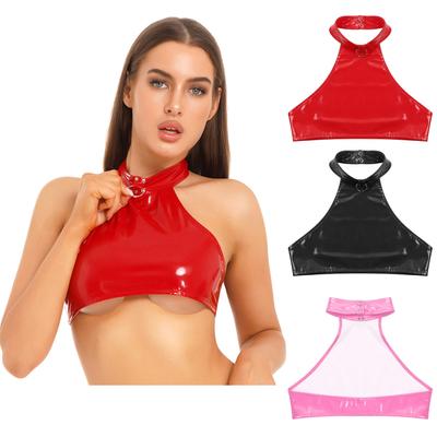 Women Latex Crop Top Halter Neck Sleeveless Lingerie Skinny Unlined Tank Tops Bustier Rave Clubwear