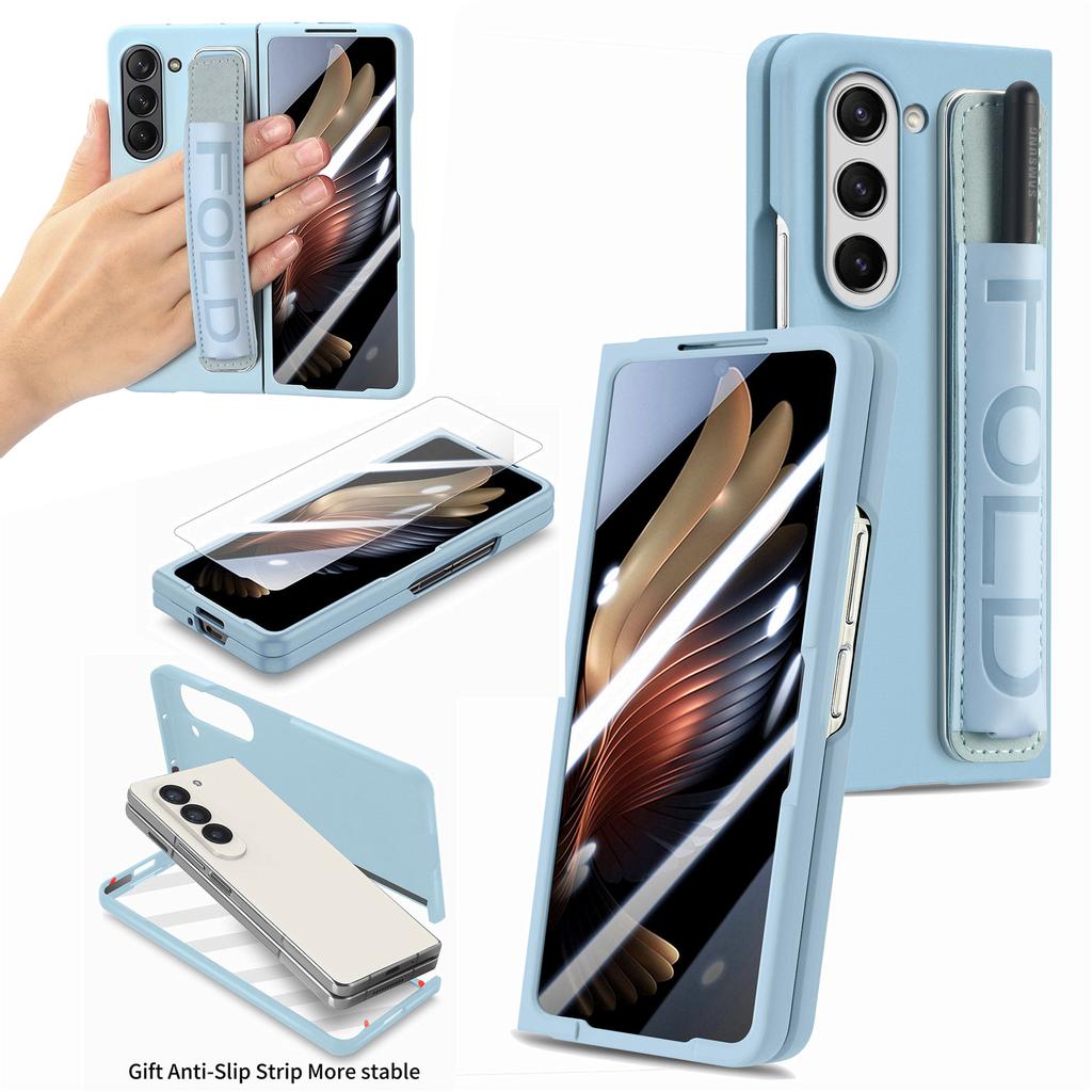 For Samsung Galaxy Z Fold6 5G Case Wristband Pen Slot Leather+PC Phone Cover with Screen Film