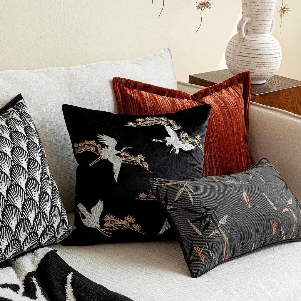 Oriental Pine Crane & Bamboo Embroidered Cushion Set – Chinese Style Sofa Décor