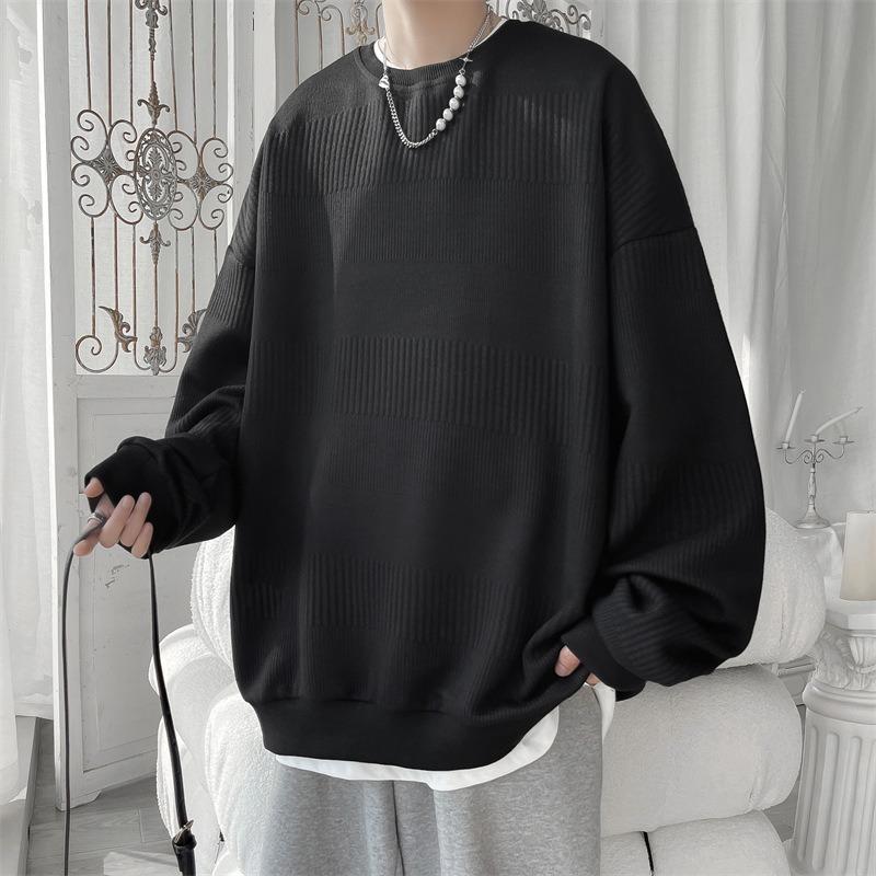 Men S Gray Jacquard Long Sleeve Loose Fit T Shirt For Spring Autumn