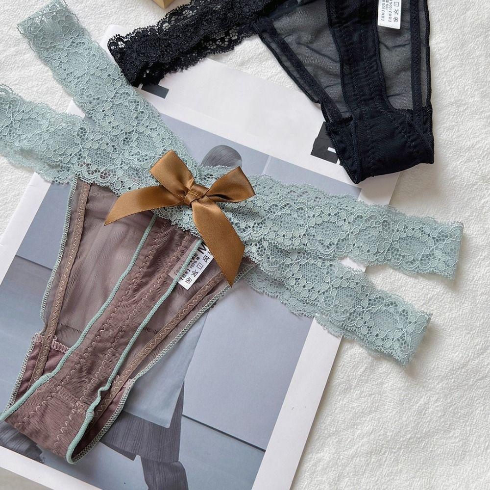 Low Waist Lace Strap Panties Bowknot See Through Briefs Color Blocking Underwear for Women Women