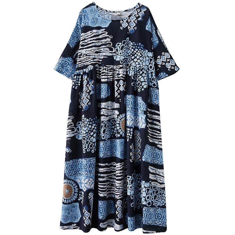 Hennep Katoen Rustieke Stijl Print Retro Zomer Plus Size Dames Losse Dunne Korte Mouw Zwaai Jurken