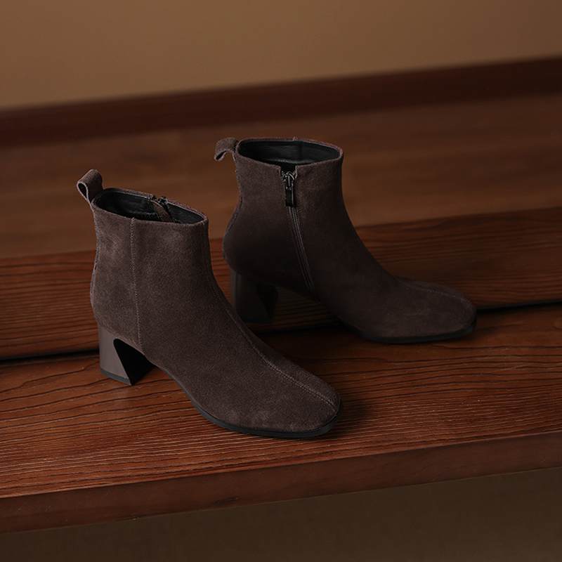Krazing Pot Cow Suede Nubuck Winter Square Toe Modern Boots Thick High Heels Zipper Women Ankle Boots