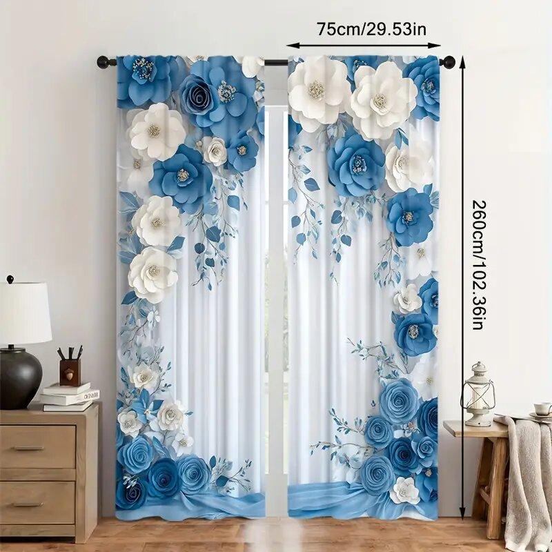 Borsa a Palo per Matrimonio con Fiori Blu Navy Tende Decorazione Camera da Letto Cucina Soggiorno Casa Realizzata in Poliestere Trattamento Finestra Seduta