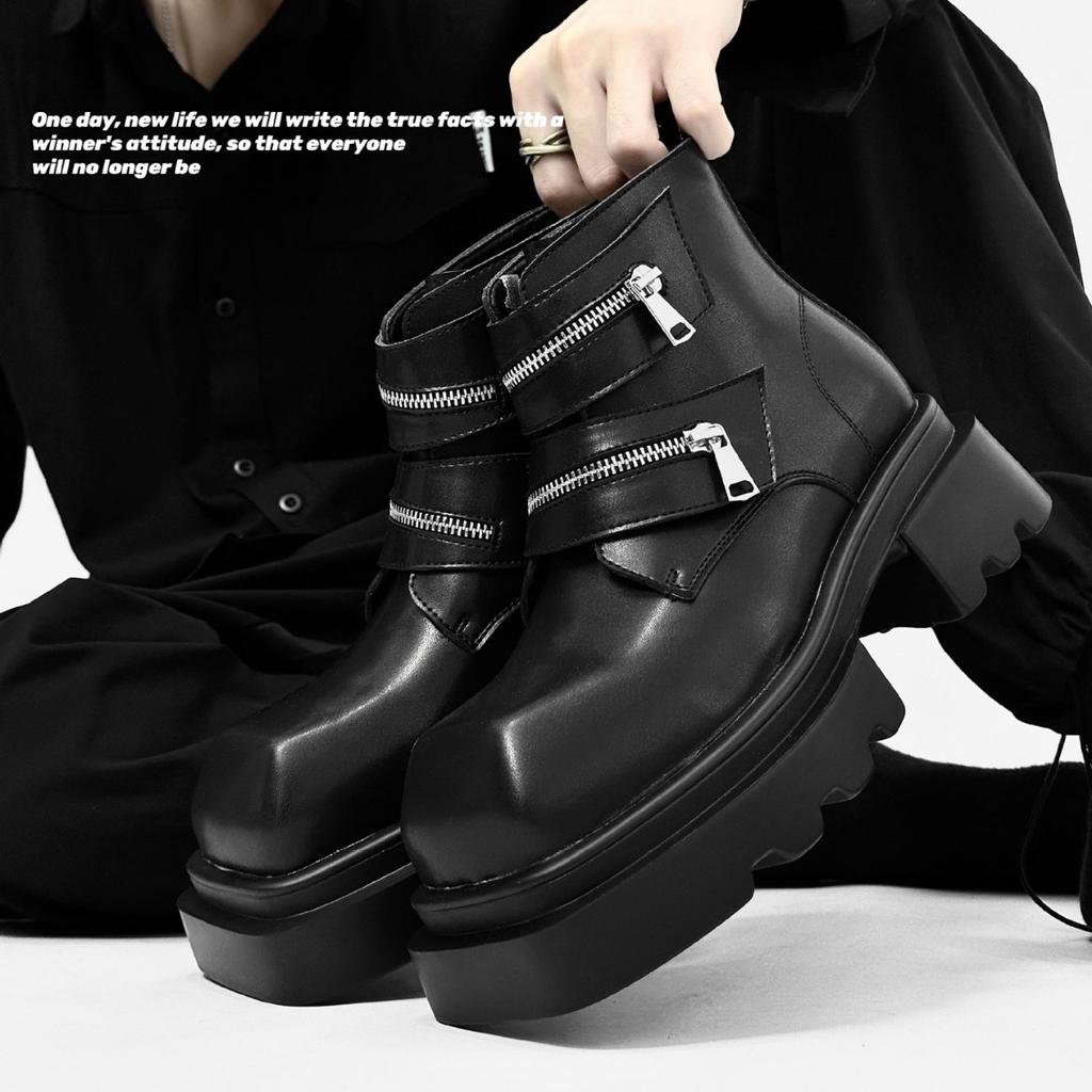 Platform Zipper Shoes for Men Luxury Shoes Leather Business Dress Shoes All-Match Casual Wear-Resistant Footwear Chaussure Homme