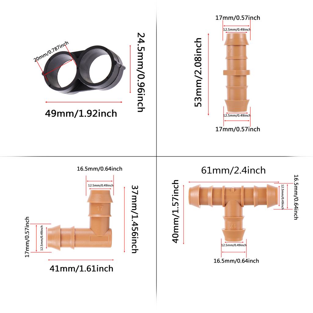 10Pcs 17mm Barbed Fittings ID 1/2" Tubing Pipe Connector Drip Irrigation Drip Lines Coupling Tee Straight Elbow End Waterstopper