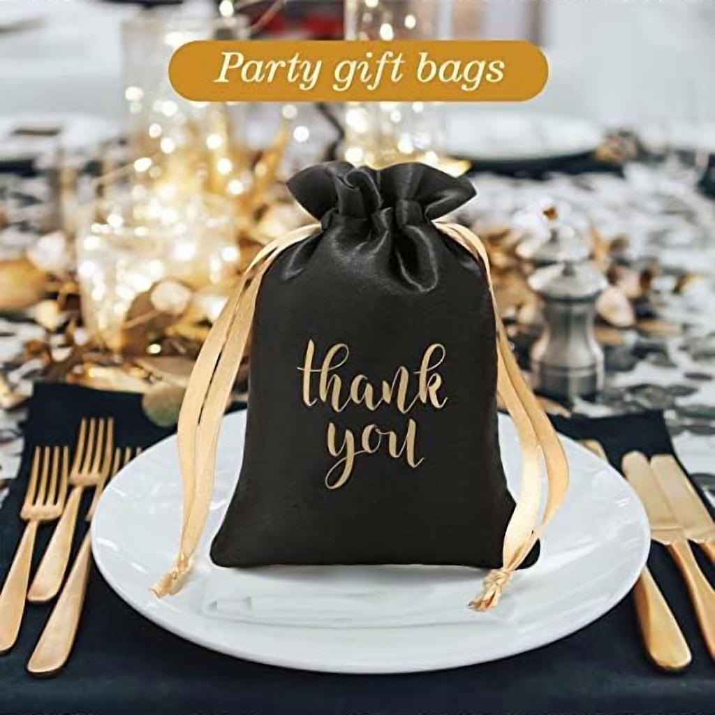 50 Pcs Black & Gold Satin Thank You Gift Bags (5x7") with Drawstring – for Jewelry, Candy, Wedding, Baby Shower, Christmas, Thanksgiving –